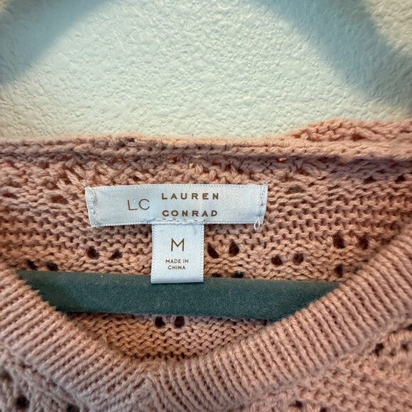 Lauren Conrad LC Women's Soft Pink Open Knit Hooded Sweater Size M Beachy - Picture 5 of 8